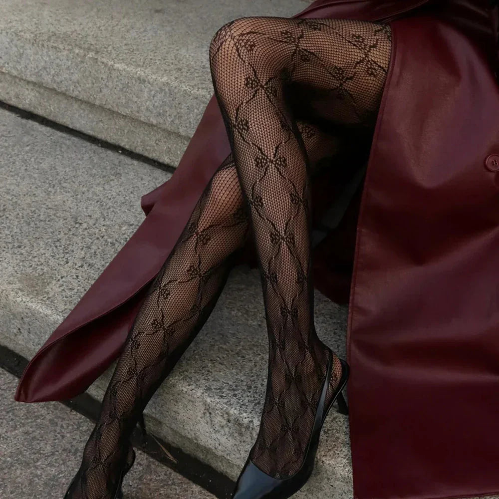 Talenza Sexy Black Pantyhose Women's Hollow Lace Fishnet Stockings Retro Floral See-through Tights Y2k Party Summer Pantyhose